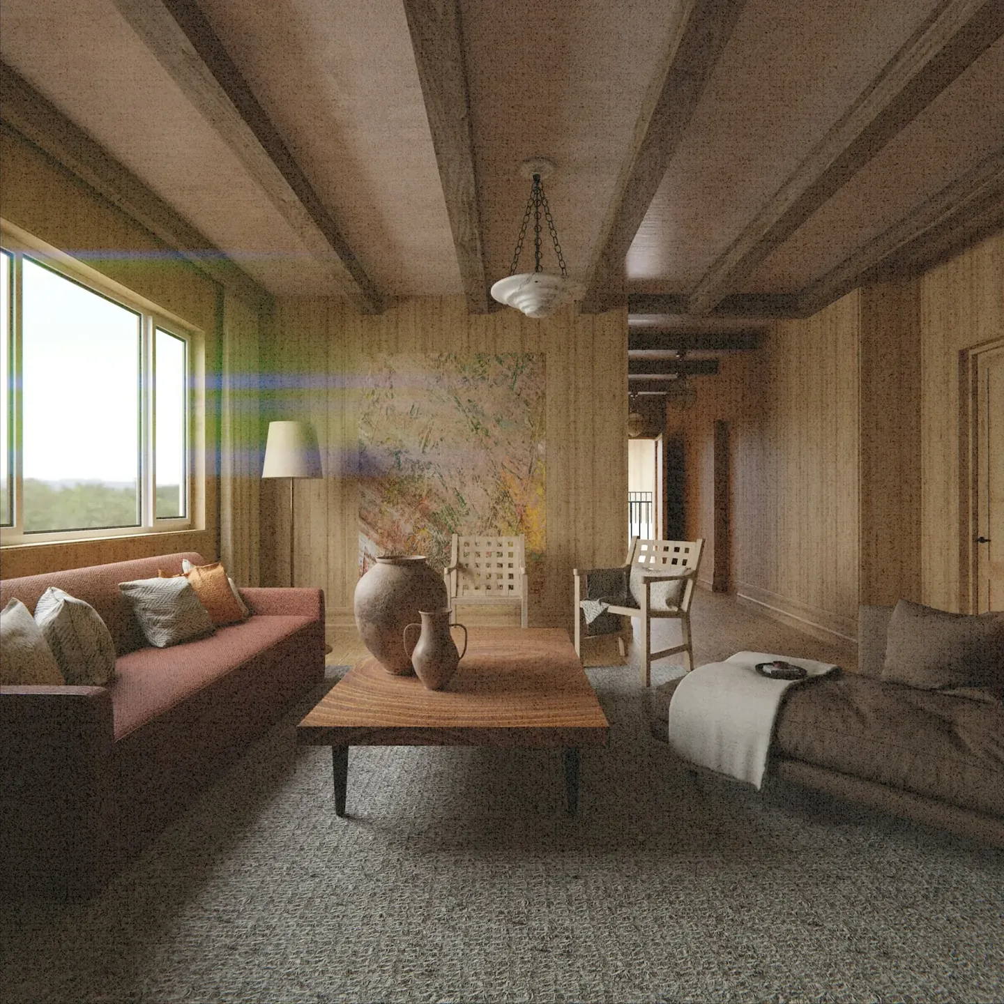 Intérieur contemporain chaleureux, bois et lumière naturelle — photo d’ambiance
